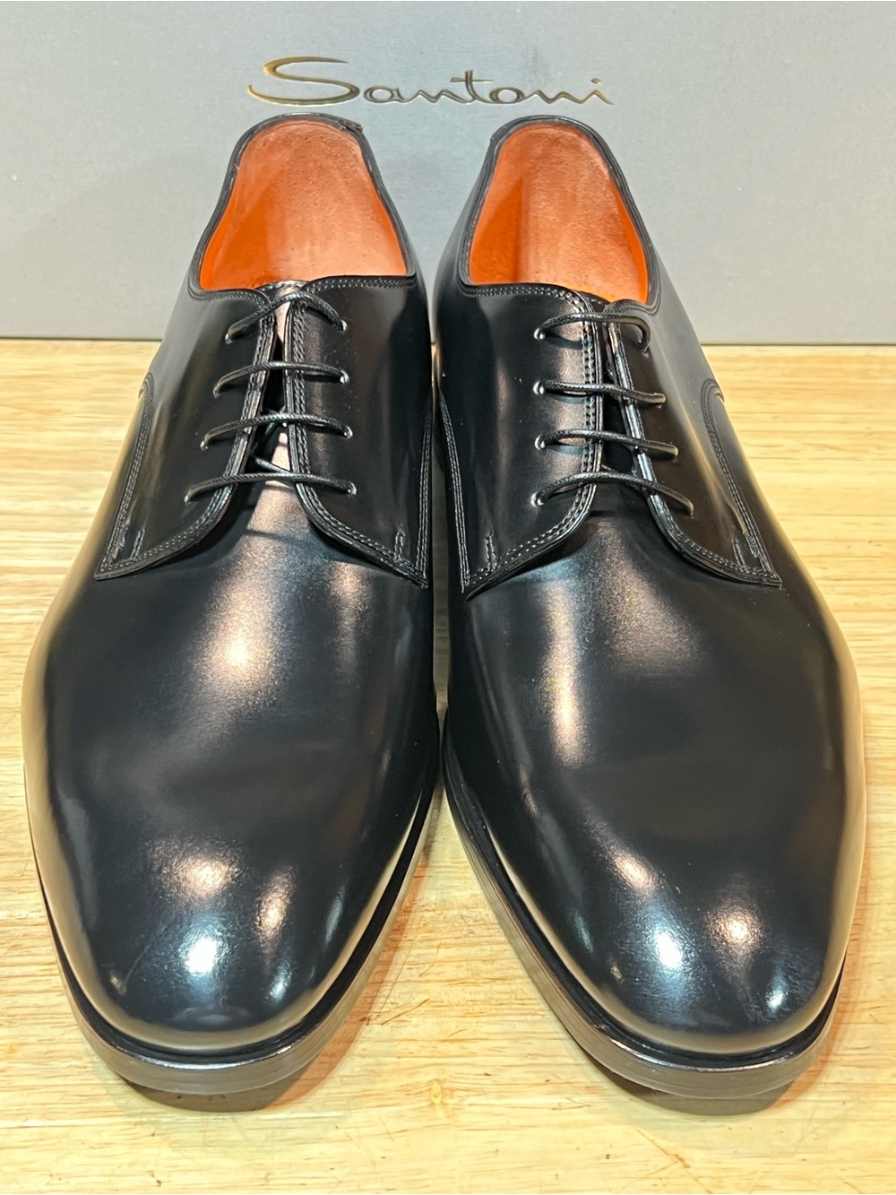 Santoni Archer Black Calfskin Leather Plain Toe Derby Shoes US 11M Made In 🇮🇹